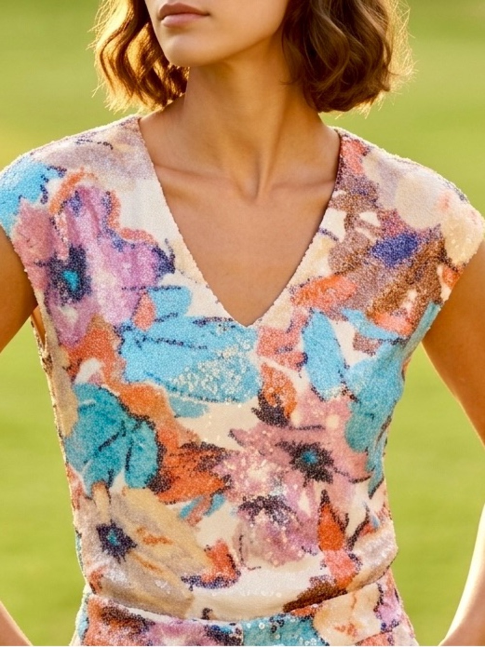 Elie by Elie Tahari Sequin Floral T-Shirt V-Neck Cap Sleeve Blouse Multicolor